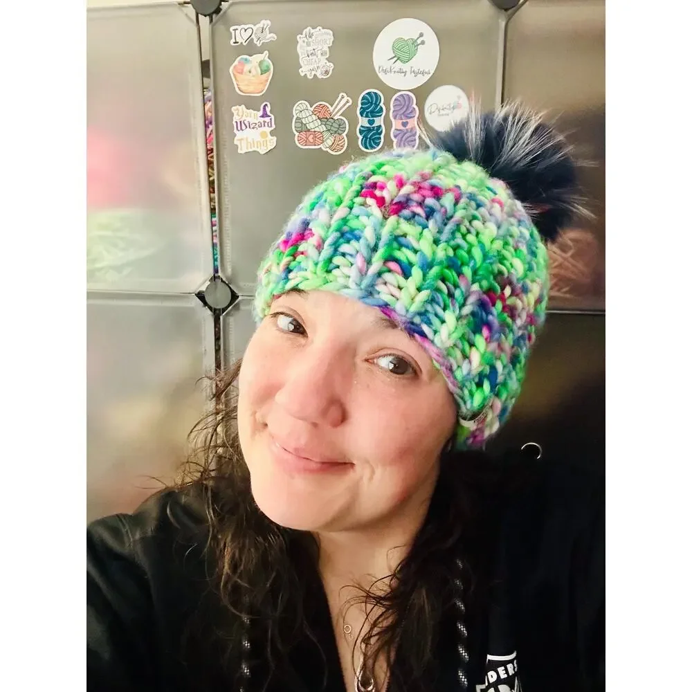 Hand Knit Merino Wool Beanie: DefiKnitly Tasteful Knit Hat with Faux Fur Pom